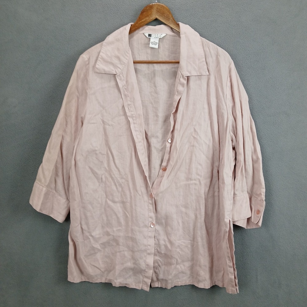 Carole Little Shirt Linen Womens 2X Pink Long Sleeve Side Slit Button Up Comfort